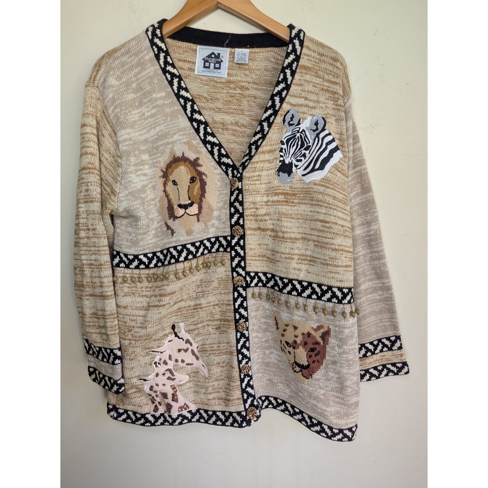 Storybook Knits Safari Animal Cardigan Sweater Tan Beaded Lion Zebra Giraffe L